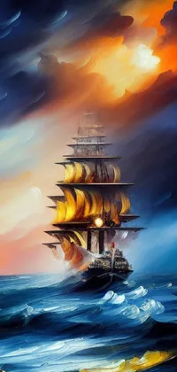This breathtaking live wallpaper features a tall ship in the ocean, showcasing an eye-catching blend of surrealist and realist painting styles