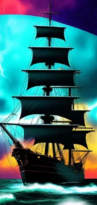 This high-quality phone live wallpaper features a stunning digital rendering of a ship sailing on choppy waters
