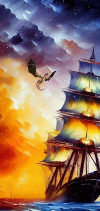 This exquisite phone live wallpaper showcases a breathtaking painting of a majestic tall ship soaring through the ocean in a surrealistic and dreamlike interpretation