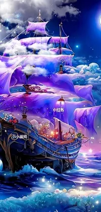This phone live wallpaper portrays a ship sailing atop an ocean, featuring remarkable fantasy art in a blue and violet color scheme