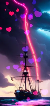Step into a world of fantasy and adventure with this phone live wallpaper featuring a magnificent ship sailing in the middle of a vast body of water