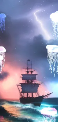 Get lost in the world of pirate romance with this phone live wallpaper featuring a ship in the middle of a vast body of water during a stormy evening