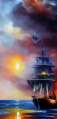 This stunning phone live wallpaper features a breathtaking painting of a ship sailing through the mystifying sea