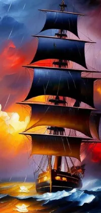 This is a stunning live wallpaper for your phone that features an exquisite painting of a ship sailing across tumultuous oceans