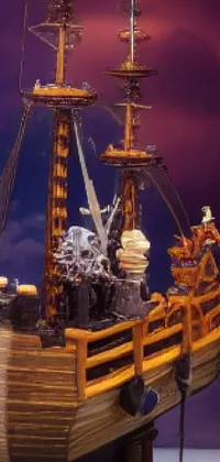 This phone live wallpaper depicts a pirate ship sailing in front of a cloudy sky at night