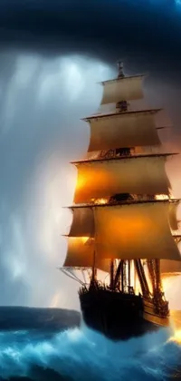 Get lost in the romanticism of this stunning live wallpaper of a tall ship sailing on a body of water, complete with lightning storm