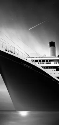 This phone live wallpaper showcases a stunning black and white photograph of a grand cruise ship on the open sea