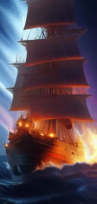 This live wallpaper depicts a majestic sailing ship navigating fierce waters amid a burning storm