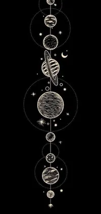 This visually captivating phone live wallpaper features long lineup of planets in vector art intricately designed against an official print with a dark black background