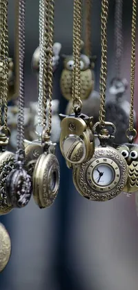 This wallpaper is a lively depiction of necklaces on a rack, with each piece featuring unique designs like baroque, steampunk, Aztec, and owl pocketwatch