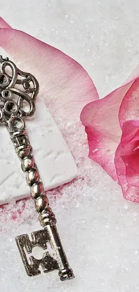 This stunning live wallpaper features a silver key and pink rose against a light blue background, with detailed white flowers swaying gently in the breeze
