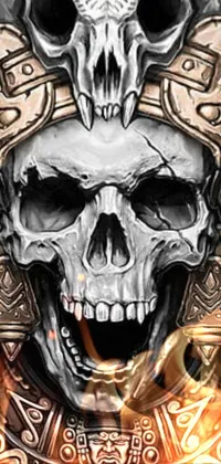 This live wallpaper for your phone features a striking close-up of a skull with Aztec god influences and a modern twist on traditional gothic art