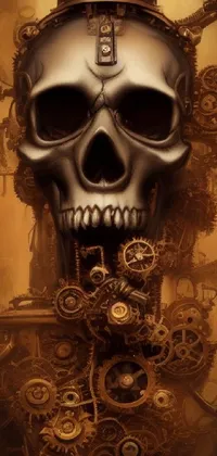 This phone live wallpaper showcases a detailed skull with a clock on its head, set against a digital art backdrop