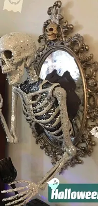 This mysterious live wallpaper features a skeleton perched atop a table, surrounded by stylish crystal accents