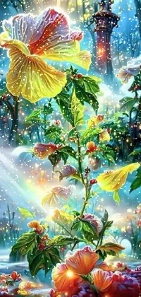 This live wallpaper depicts a beautiful airbrush fantasy art painting of a flower set in a forest