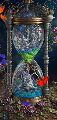 This phone live wallpaper features an hourglass with flowers and butterflies, showcasing a stunning fantasy art with purple, blue, and green colors