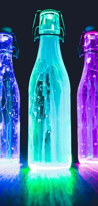 This phone live wallpaper features a captivating hologram and three soda bottles arranged side by side