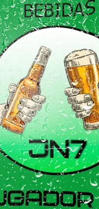 This animated phone wallpaper boasts a lively image of two beer glasses lifted in cheering, set against a lush green background