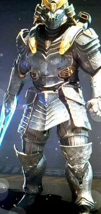 This mobile live wallpaper features a sleek, shining suit of armor, complete with intricate detailing on the plated metal helmet and chest piece