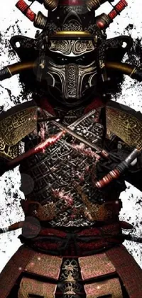 This phone live wallpaper showcases a fierce samurai holding two swords with intricate patterns on his armor and weapons