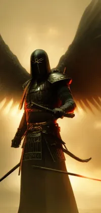 This stunning phone live wallpaper showcases a powerful man in ornate armor, poised with a sword, guarding a dark angel with imposing black wings