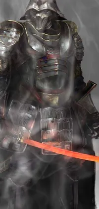 This live wallpaper features a man dressed in futuristic mecha plate armor holding a glowing sword