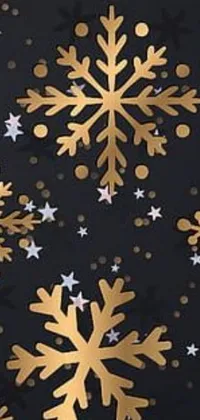 This captivating live wallpaper features a sleek black background adorned with stunning gold snowflakes and stars, creating intricate and luxurious concept art for your phone