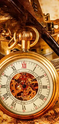 Looking for a phone live wallpaper that boasts unparalleled detail and a beautiful vintage aesthetic? Look no further than this stunning piece, featuring a classic pocket watch, antique pen, and portrait, all set against a backdrop of steampunk-style weaponry