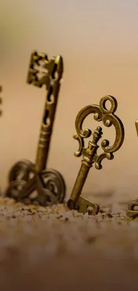 This steampunk-themed live wallpaper showcases an impressive set of hand-carved metal keys resting on a sandy ground