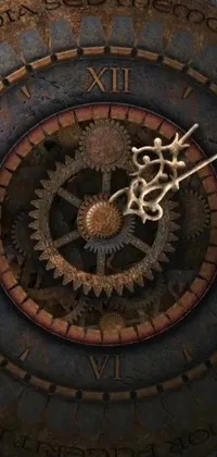 This phone live wallpaper showcases an intricately designed clock face with Roman numerals set against a kinetic art background