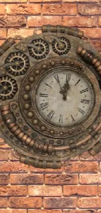 This phone live wallpaper showcases a digital clock design mounted on a brick wall, with elements of steampunk and bioarmor style