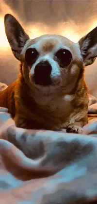 This phone live wallpaper features a photorealistic portrait of a small chihuahua dog laying on top of a bed