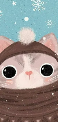 This winter-themed live wallpaper depicts a cartoon cat wearing a colorful hat and scarf set against a snowy background with a warm-looking cottage