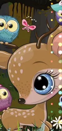 Enhance your phone's screen with this delightful live wallpaper of a cartoon deer surrounded by owls and butterflies