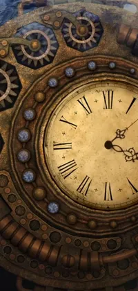 This phone live wallpaper features a detailed clock with moving gears on a rustic, steampunk-themed backdrop