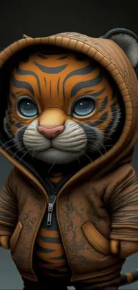 This live phone wallpaper showcases a vibrant and detailed close-up of a tiger wearing a hoodie, created through street art inspiration and advanced chibi digital art