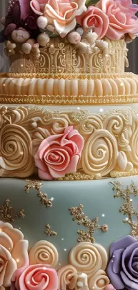 This phone live wallpaper features a beautiful 3-tiered cake adorned with delicate flowers and intricate golden details