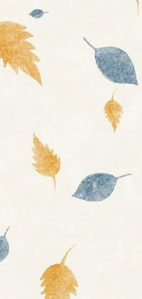 This phone live wallpaper features a serene and minimalist pattern of orange and blue leaves on a white background