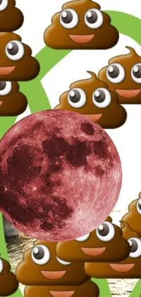 This fun live phone wallpaper showcases a group of poop emoticons against the backdrop of a striking red moon