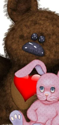 This mobile live wallpaper showcases a heartwarming scene featuring a pink bunny and brown teddy bear that sit together