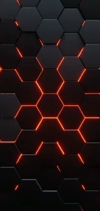 This live phone wallpaper features a sleek, dark background adorned with hexagons that gleam with orange and dark grey tones