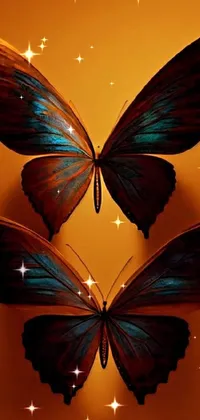This mobile live wallpaper boasts a stunning digital art piece featuring two butterflies sitting on top of an ocher colored wall