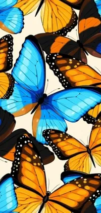 This phone live wallpaper displays a seamless design of blue and orange butterflies on a white background