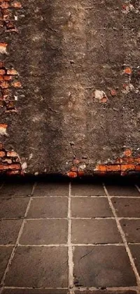 This phone live wallpaper depicts a bold red fire hydrant on a textured brick wall in front of a gritty, stone and concrete room with dirty wall tiles
