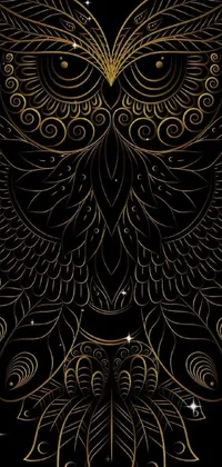 This phone live wallpaper showcases a stunning golden owl against a sophisticated black background