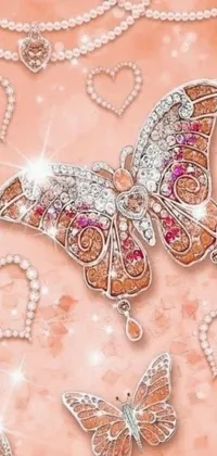 Transform your phone with this stunning live wallpaper showcasing a close-up of a necklace adorned with a butterfly charm in pink and orange colors
