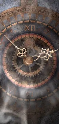 This phone wallpaper features a clock with steam coming out of it, designed with intricate gears and cogs