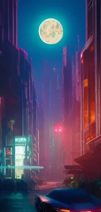 This live phone wallpaper features a futuristic car driving through a cyberpunk city on the moon