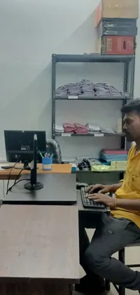This live phone wallpaper features a man sitting at a desk, using a laptop to do engineering work