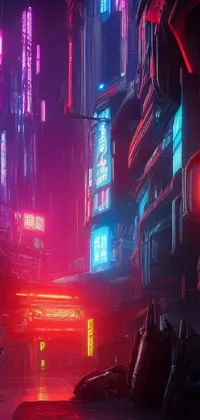 This live phone wallpaper features a futuristic, cyberpunk-style couple standing in a neon-filled street